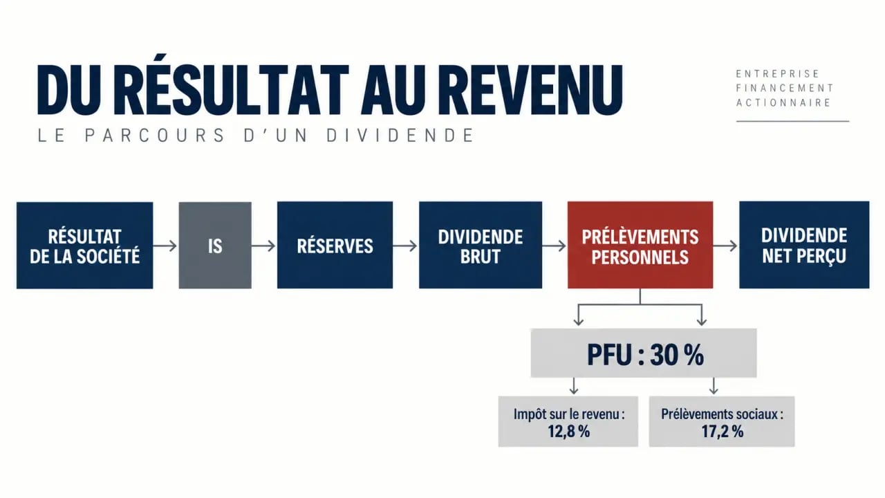 Simulateur dividendes : parcours du bénéfice au dividende net après IS et prélèvements