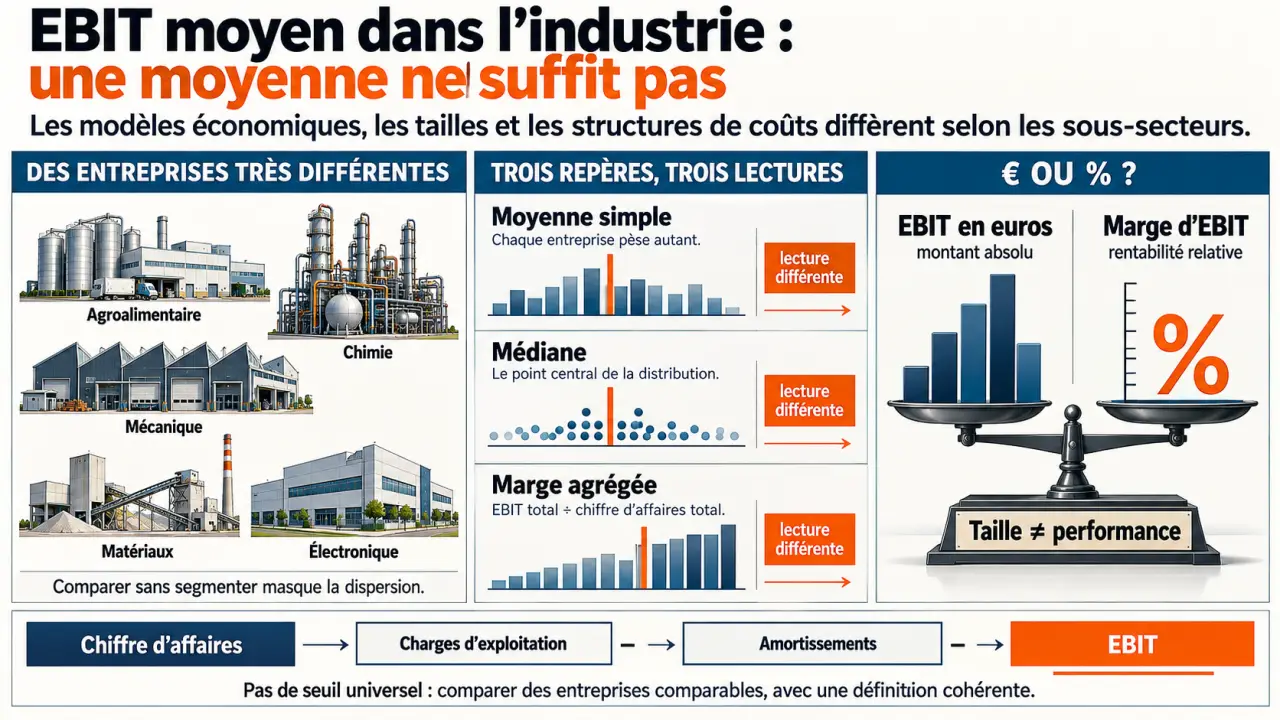 Infographie sur l’EBIT moyen dans l’industrie, la marge d’EBIT, la moyenne, la médiane et la marge agrégée