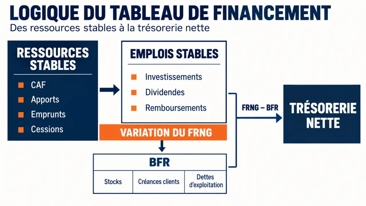 Infographie du tableau de financement reliant ressources stables, emplois stables, FRNG, BFR et trésorerie nette
