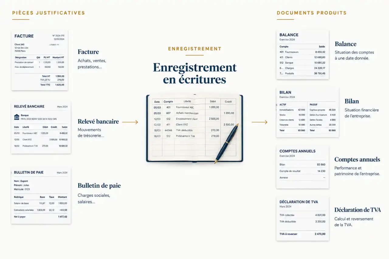 Schéma de la comptabilité pour les nuls : des pièces justificatives aux comptes annuels et à la déclaration de TVA