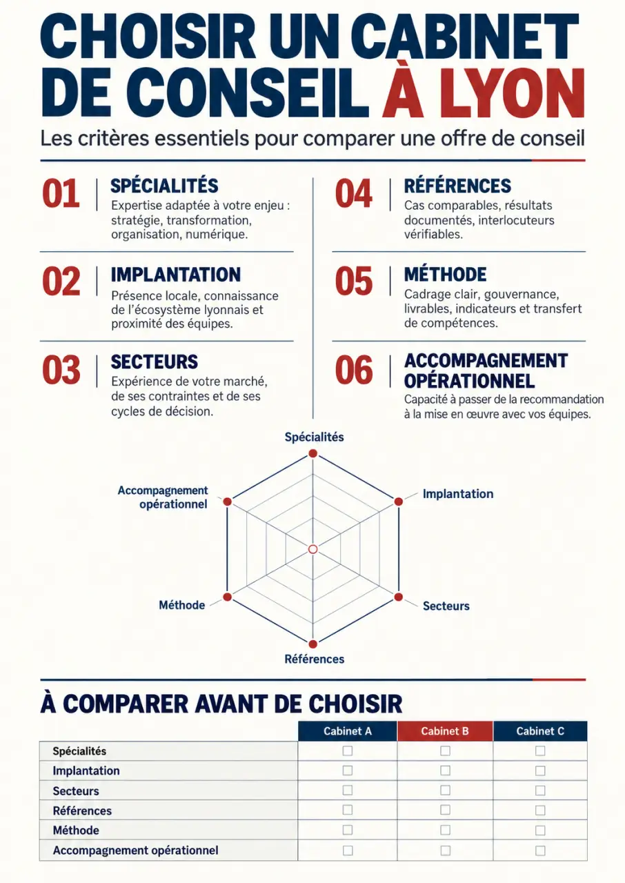 Infographie pour comparer un cabinet conseil Lyon selon ses spécialités, sa méthode et ses références