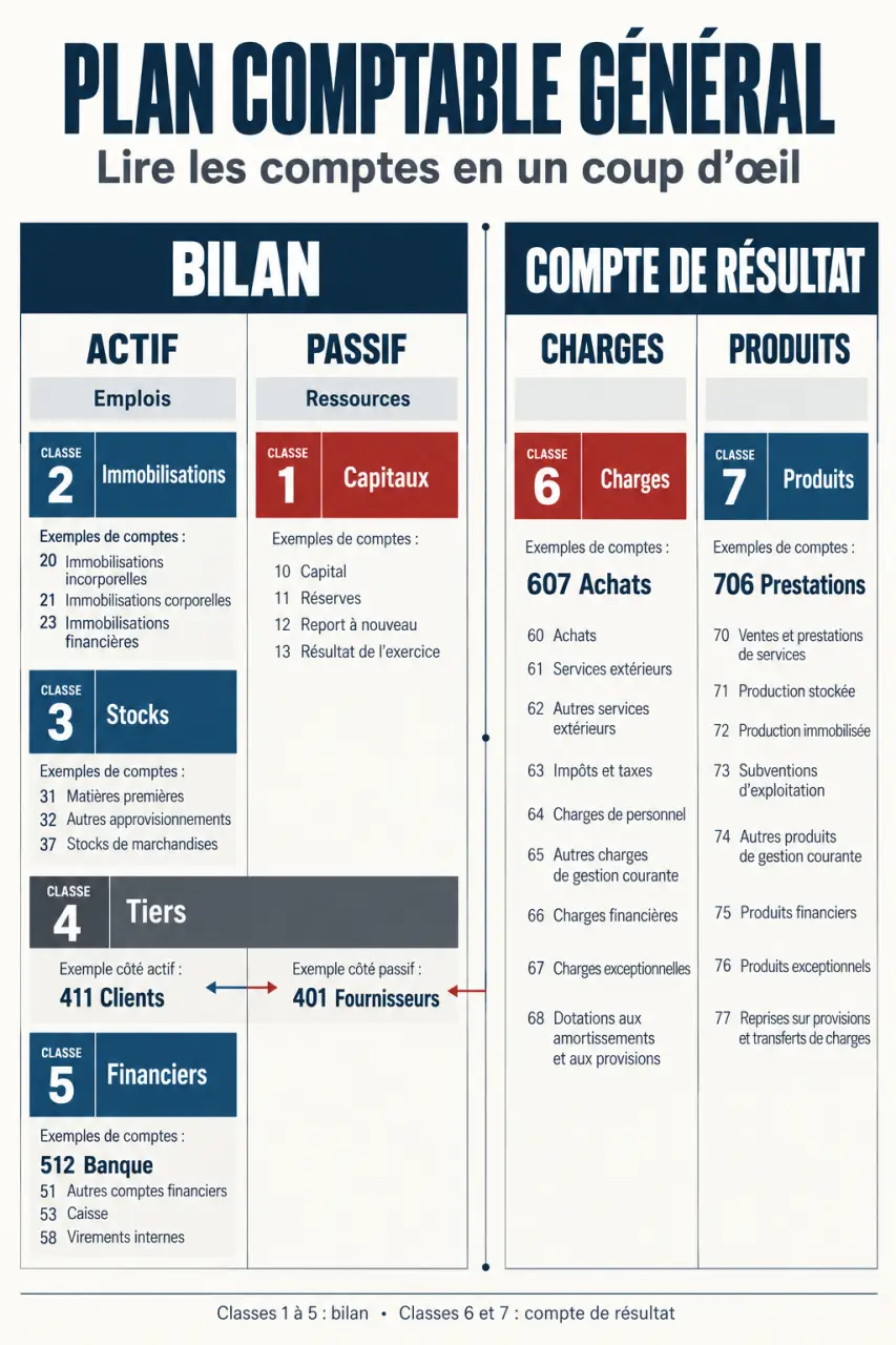Infographie des comptes comptables : classes du PCG, bilan, compte de résultat, charges et produits