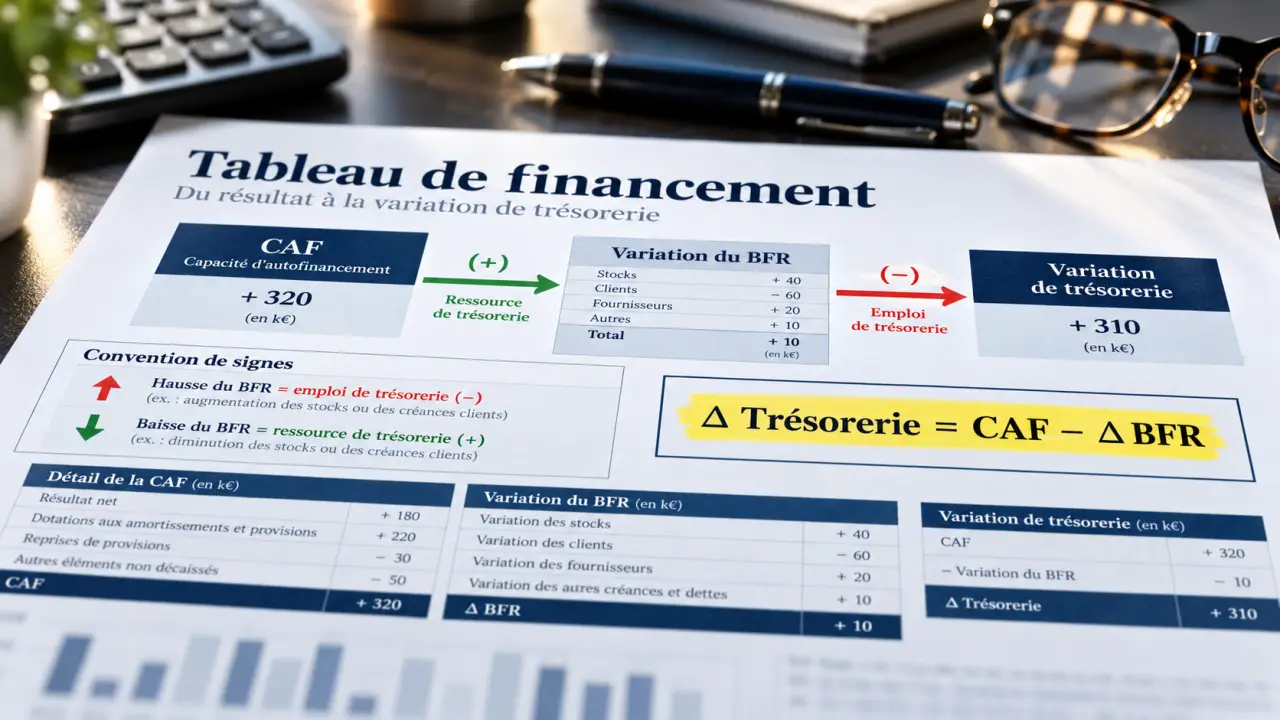Tableau de financement : relier CAF, BFR et trésorerie sans erreur de signe