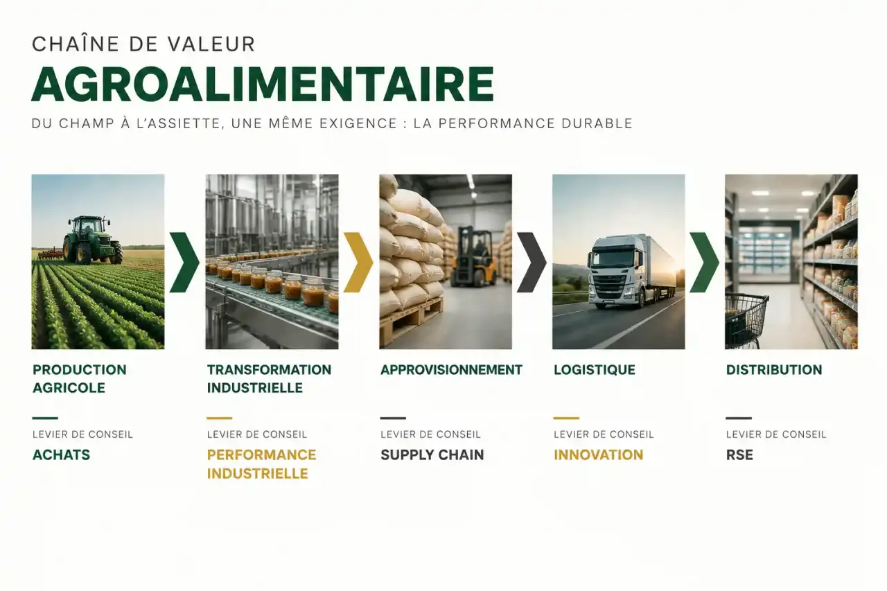 Schéma de la chaîne de valeur agroalimentaire et des leviers d'intervention d'un cabinet conseil agroalimentaire